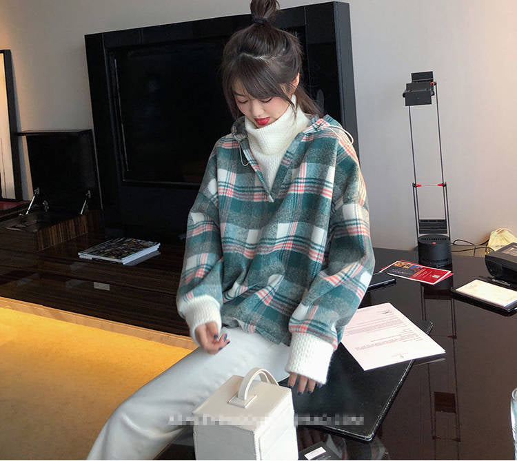 Two Style Plaid Hooded With Turtleneck Sweatshirt