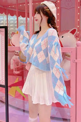 Long Sleeve Blue Argyle Pattern Cropped Bow Sweater