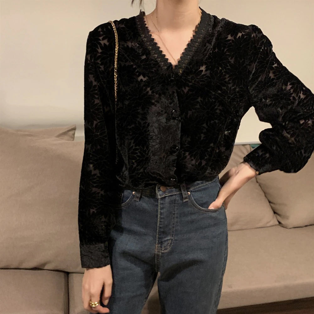 Sexy V-Neck Velvet Black Elegant Long Sleeve Shirt