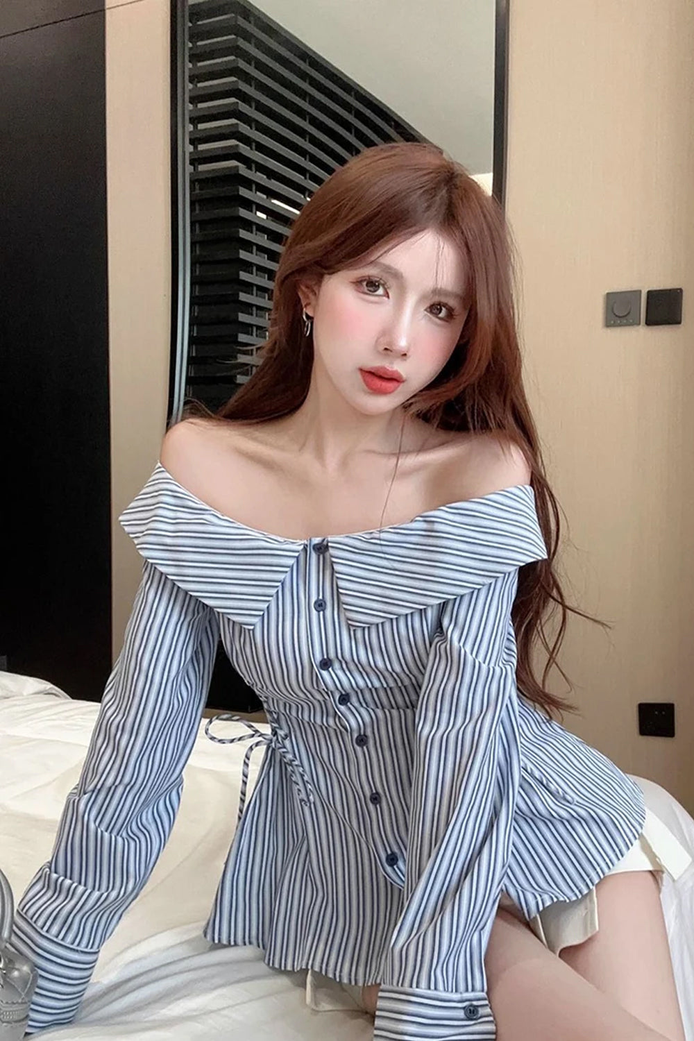 Slash Neck Off Shoulder Striped Slim Blouse Shirt