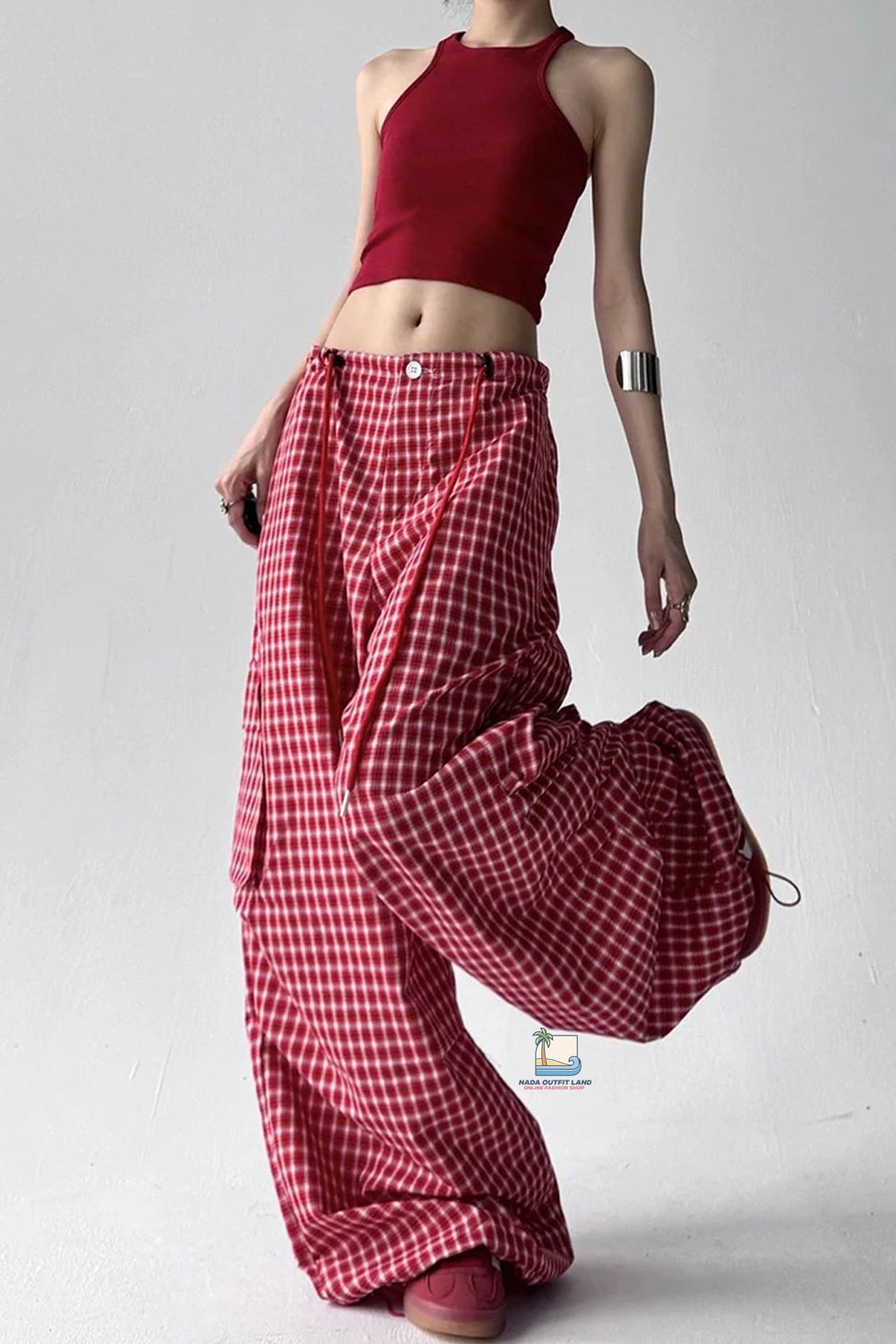High Waist Retro Red Plaid Summer Loose Pants