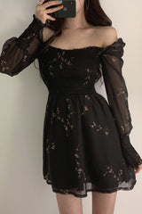 Sexy Flower Puff Sleeve Chiffon Black Dress