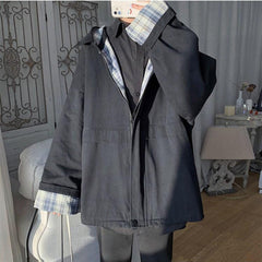 Loose Plaid Side Zipper Hooded Jacket