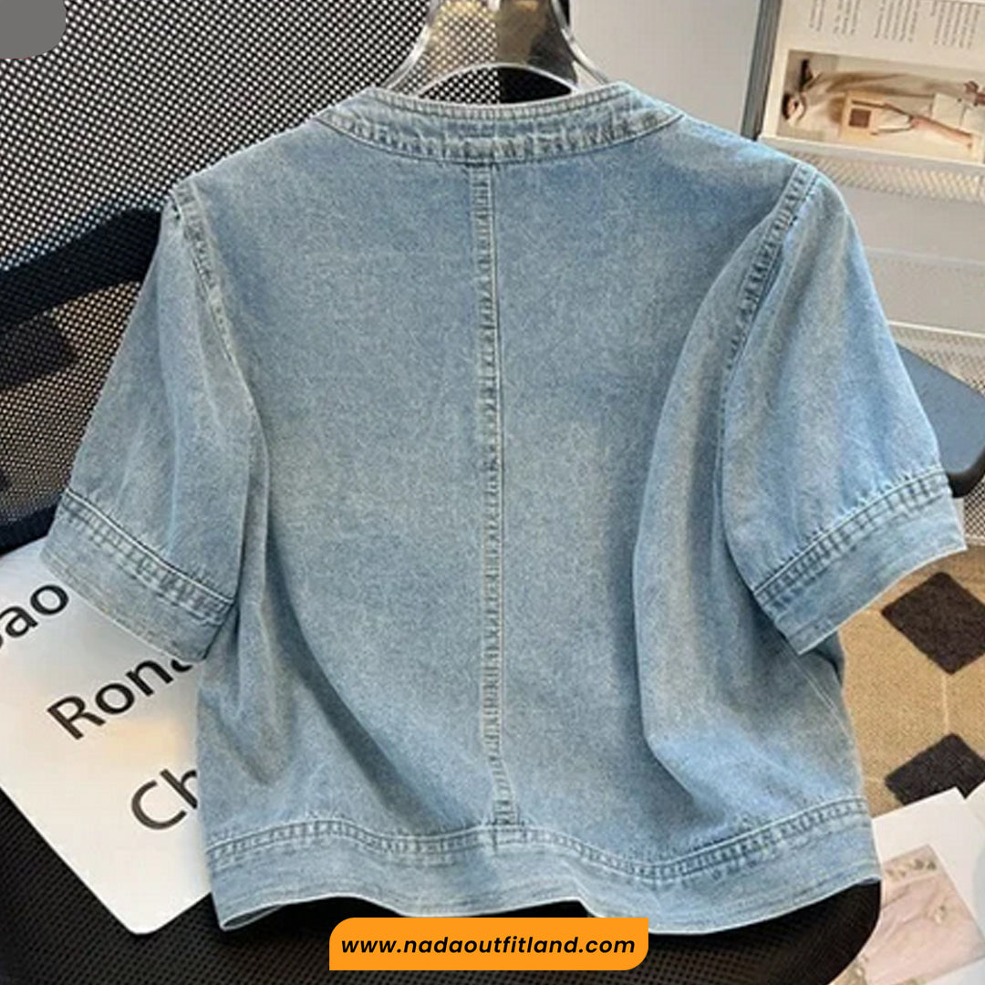 Short Sleeve Retro Denim Cropped Shirt