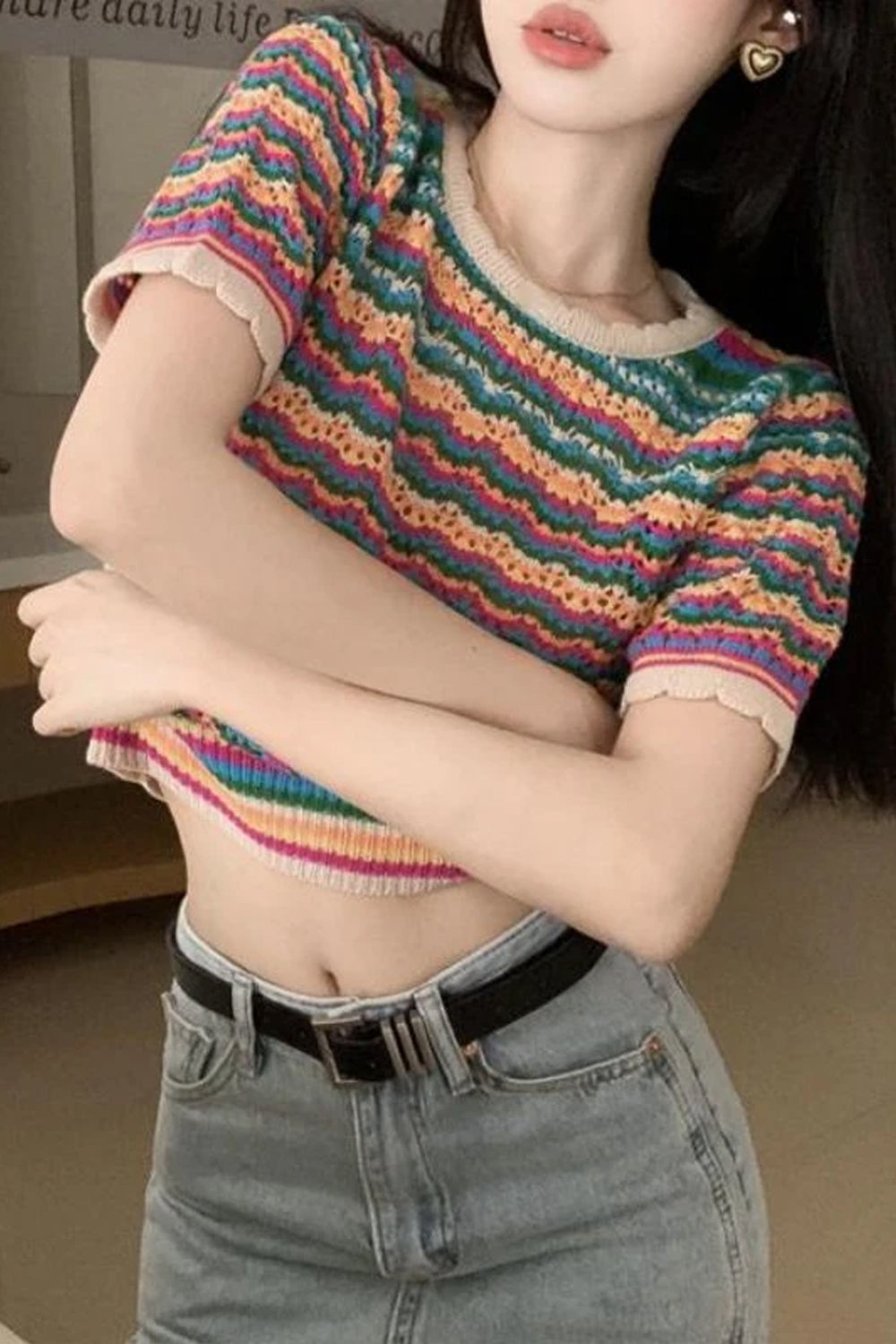 Short Sleeve O-Neck Striped Knitted Slim Shirt