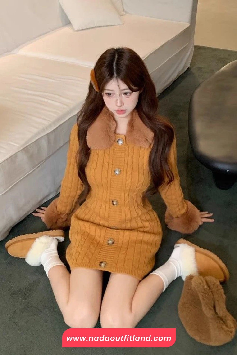 Long Sleeve Fur Collar Vintage Knitted Mini Dress