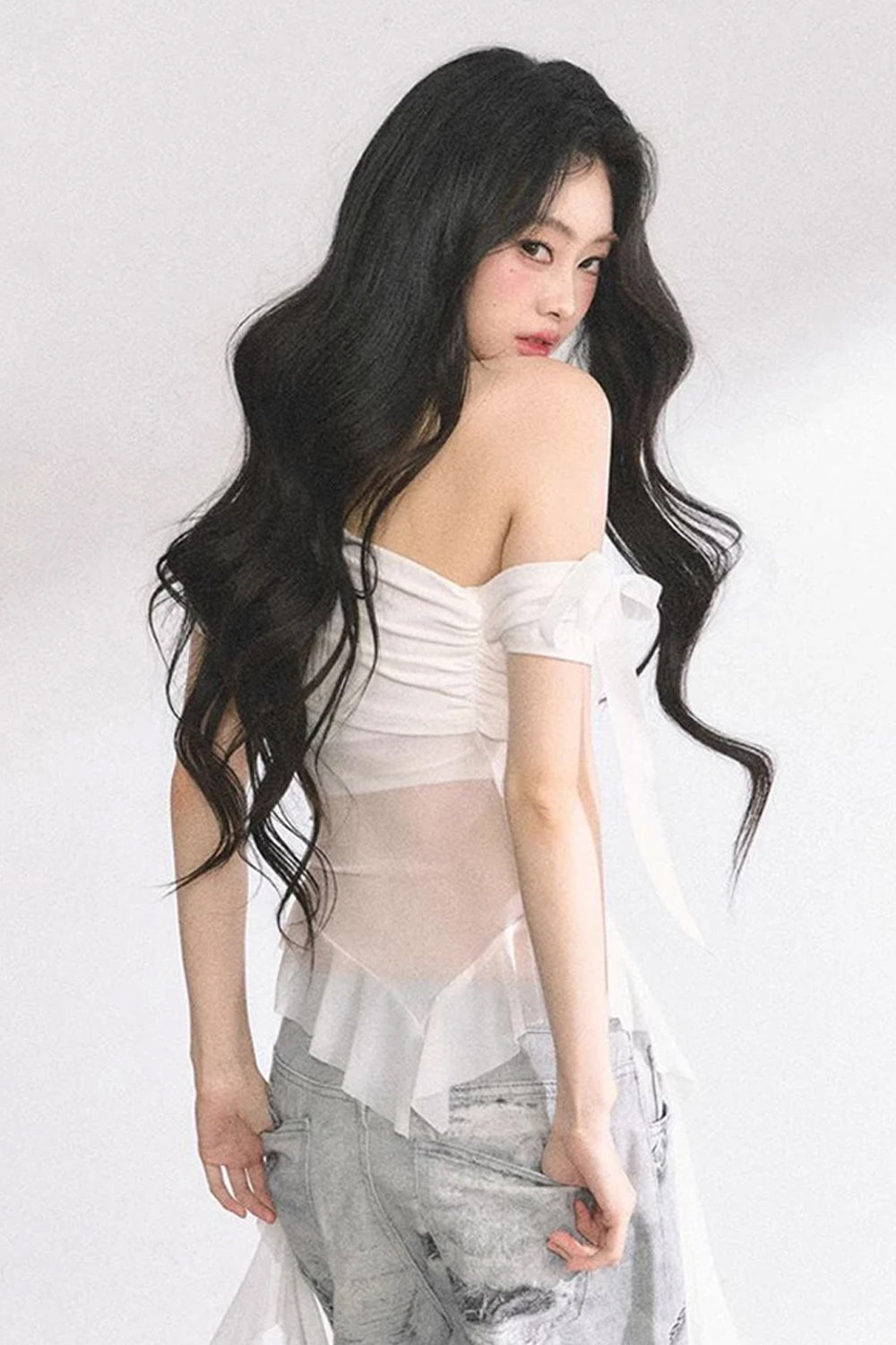 Sexy Skew Collar Mesh Transparent Irregular Shirts