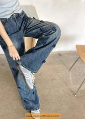 High Waist 3D Flower Pattern Long Jeans Pants