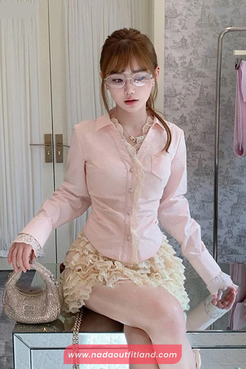 Long Sleeve Lace Patchwork Pink Blouse Shirt
