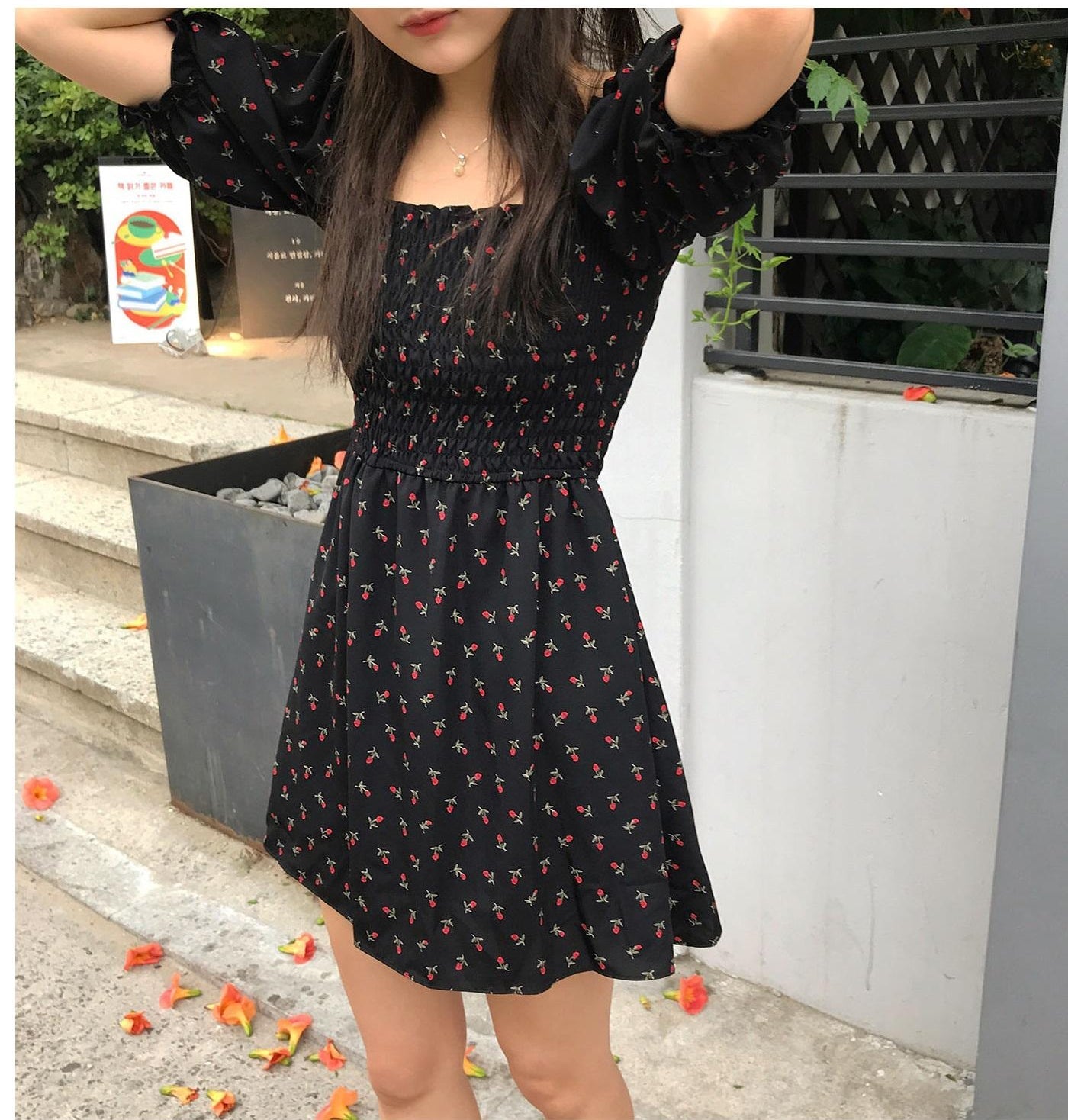 Square Collar Floral Chiffon Dress