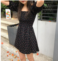 Square Collar Floral Chiffon Dress