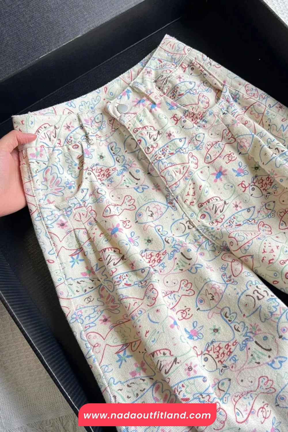 High Waist Full Cute Fish Pattern Denim Pants