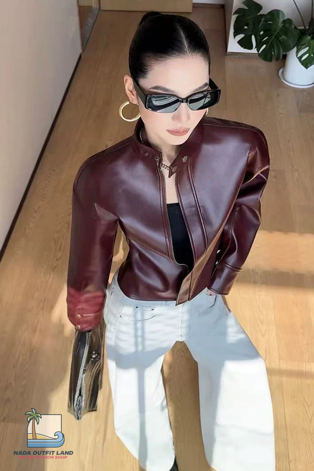 Long Sleeve Stand Collar Wine Red Leather Retro Jacket
