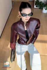 Long Sleeve Stand Collar Wine Red Leather Retro Jacket