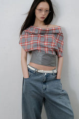 Sexy Plaid Patchwork Backless Leather Crop Tops