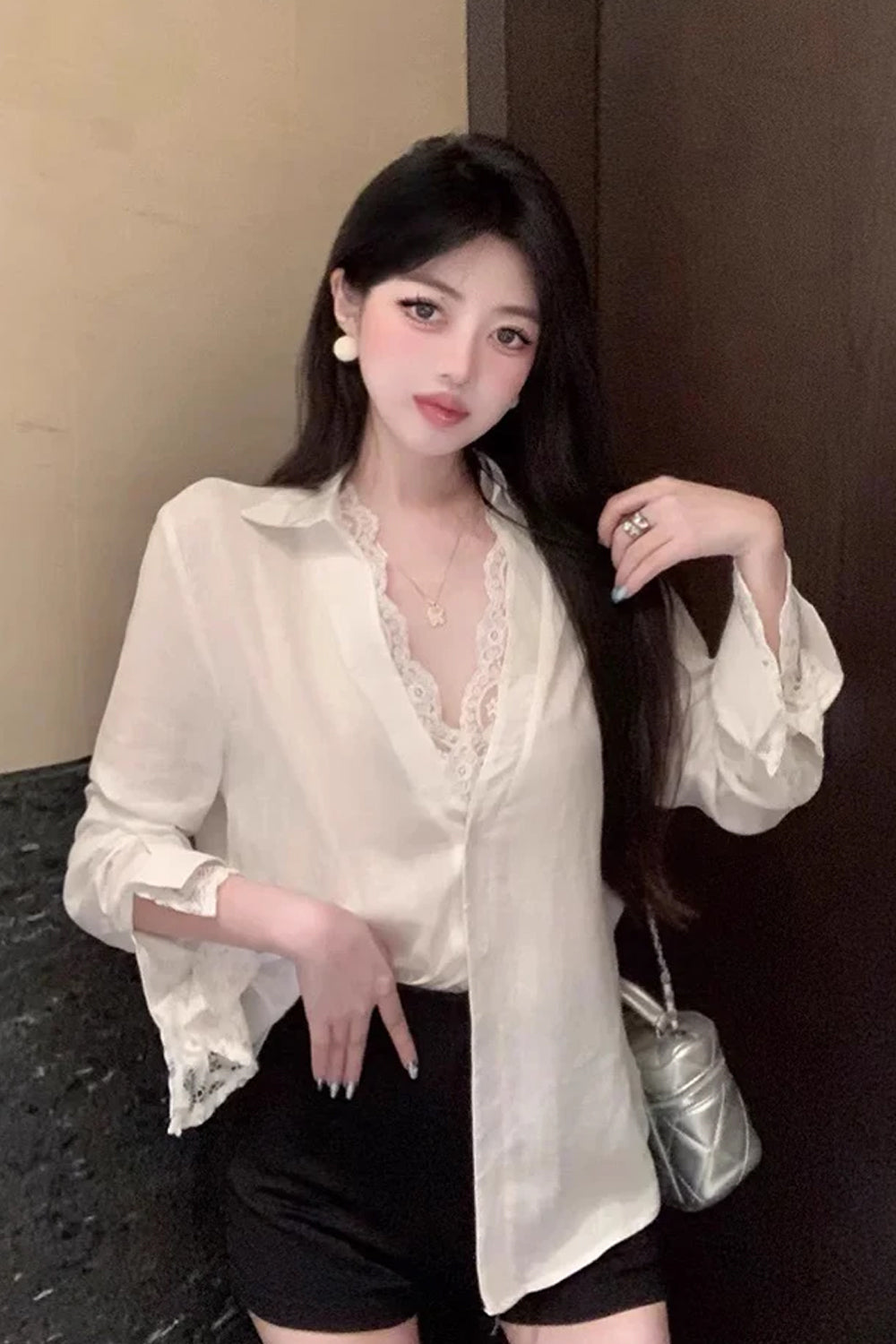 Long Sleeve Lace Patchwork Button Office Blouse Shirt