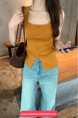 Sleeveless Square Collar Knitted Tops