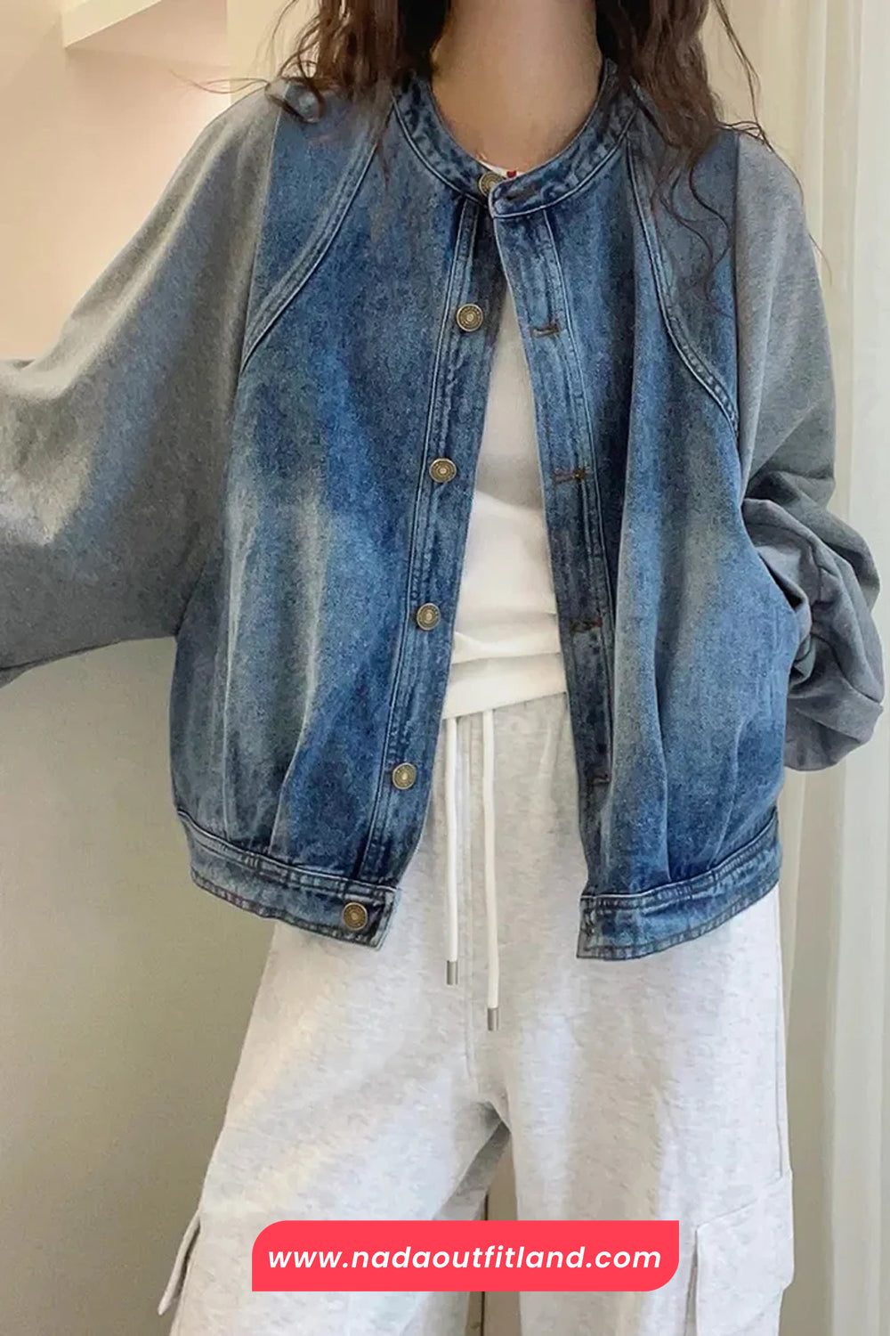 Loose O-Neck Denim Patchwork Sweatshirt