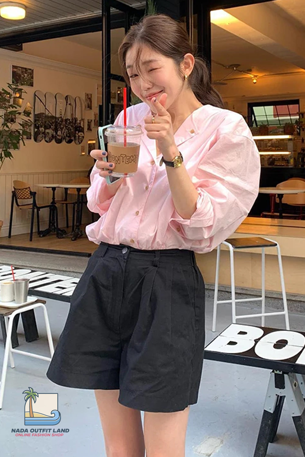 Long Sleeve Cute V-Neck Pink Blouse Shirt