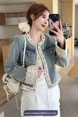 Long Sleeve Retro Lace Patchwork Denim Jacket