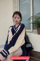 Long Sleeve Retro Striped Knitted Zipper Cardigan Sweater