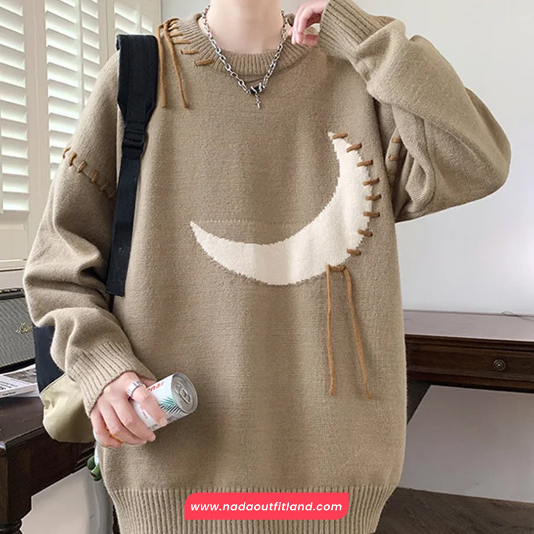 Long Sleeve O-Neck Crescent Moon Embroidered Men Sweater