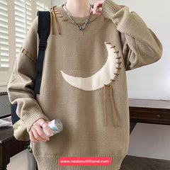 Long Sleeve O-Neck Crescent Moon Embroidered Men Sweater