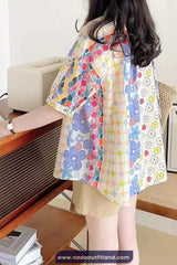 Short Sleeve Retro Cartoon Dog Pattern Blouse Shirt