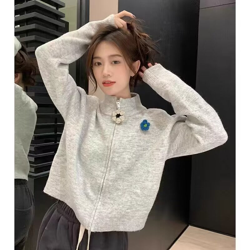 High Neck Daisy Zipper Cropped Sweater