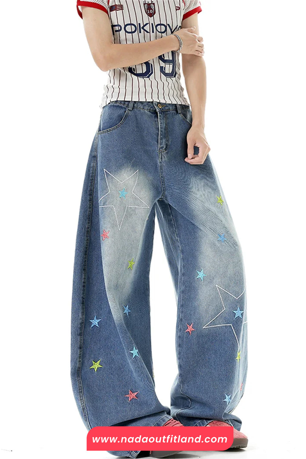 Vintage Stars Pattern Embroidered Flare Jeans Pants
