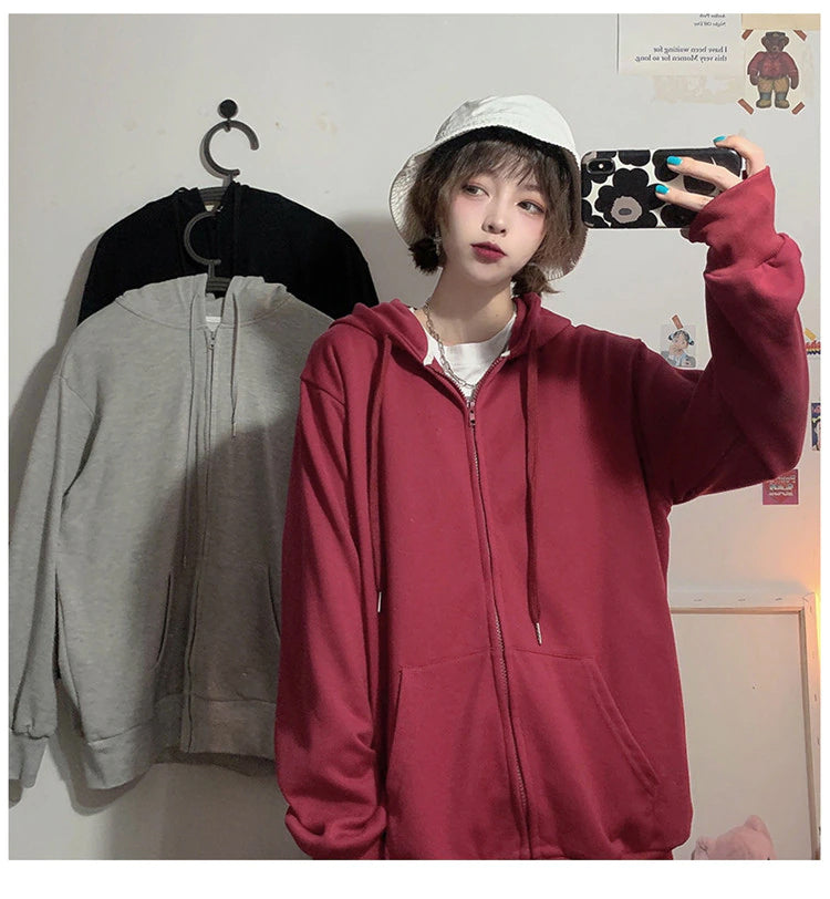 Loose Casual Zip Up Hooded Sweatshirt