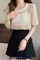 Short Sleeve O-Neck Hollow Out Summer Shirts