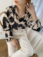Long Sleeve Cow Printed Blouse Shirt