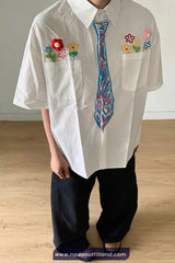 Short Sleeve Floral Embroidered With Tie Graphic Printed Blouse Shirt