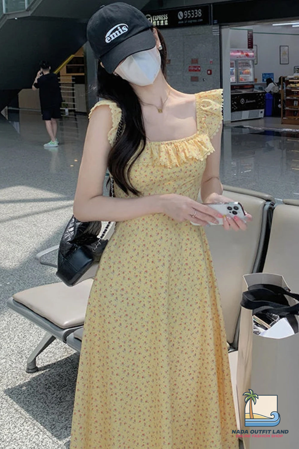Square Collar Floral Pattern Ruffles Midi Dress
