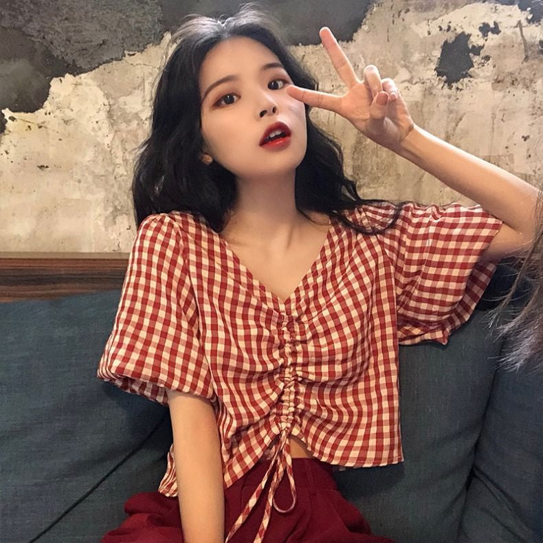 V-Neck Cute Plaid Lace Tie Short Sleeve Shirts