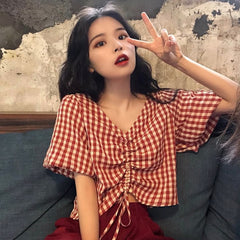 V-Neck Cute Plaid Lace Tie Short Sleeve Shirts