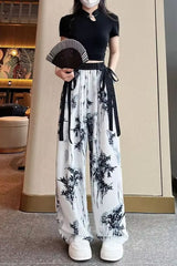 Long Black Flowers Mesh Chiffon Pants
