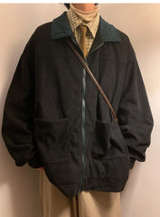 Loose Black Color Turn Down Collar Corduroy MEN Jacket