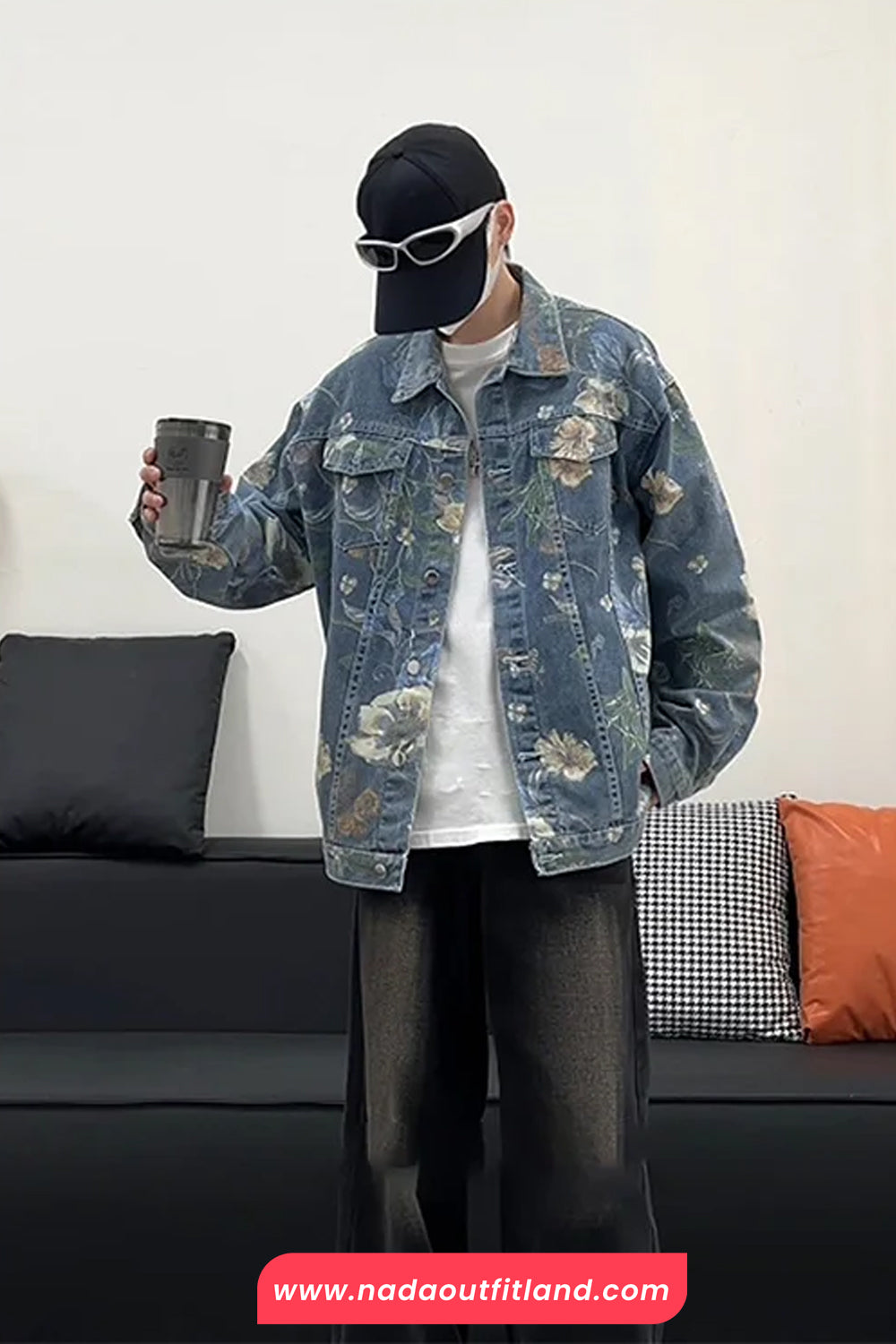 Long Sleeve Retro Flowers Pattern Denim Jeans Jacket