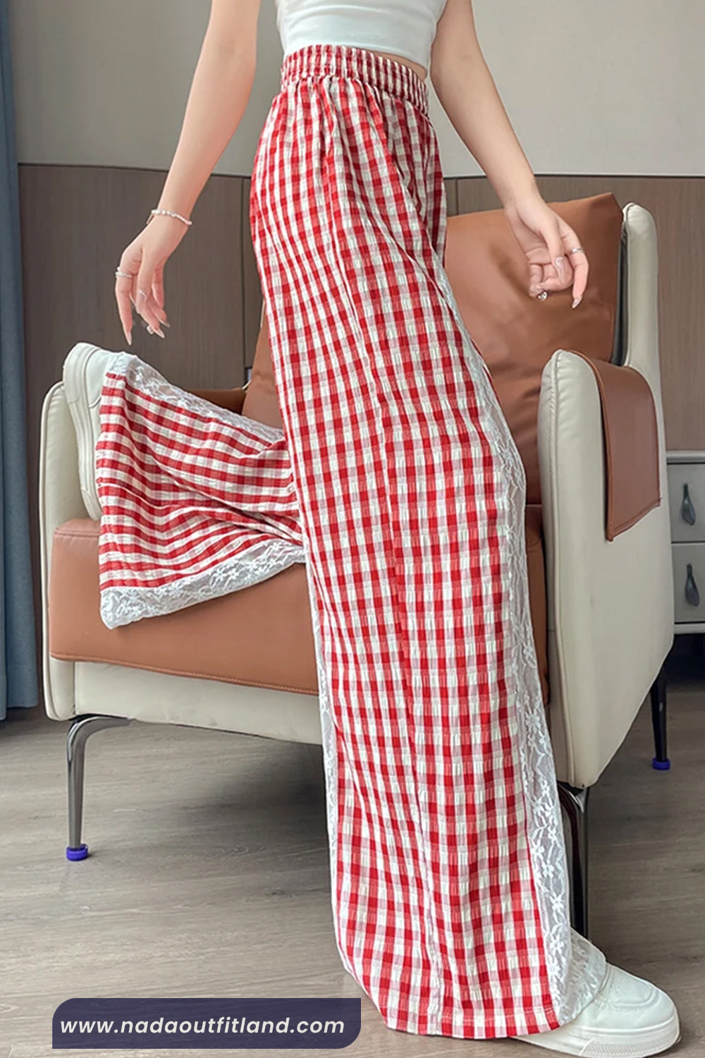 Loose Plaid Pattern With Lace Patchwork Pants