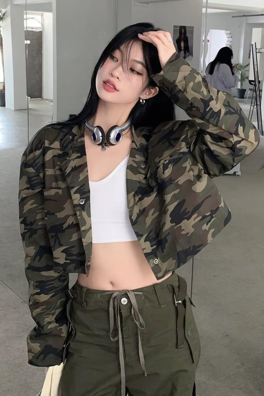 Long Sleeve Camouflage Pattern Sexy Cropped Jacket
