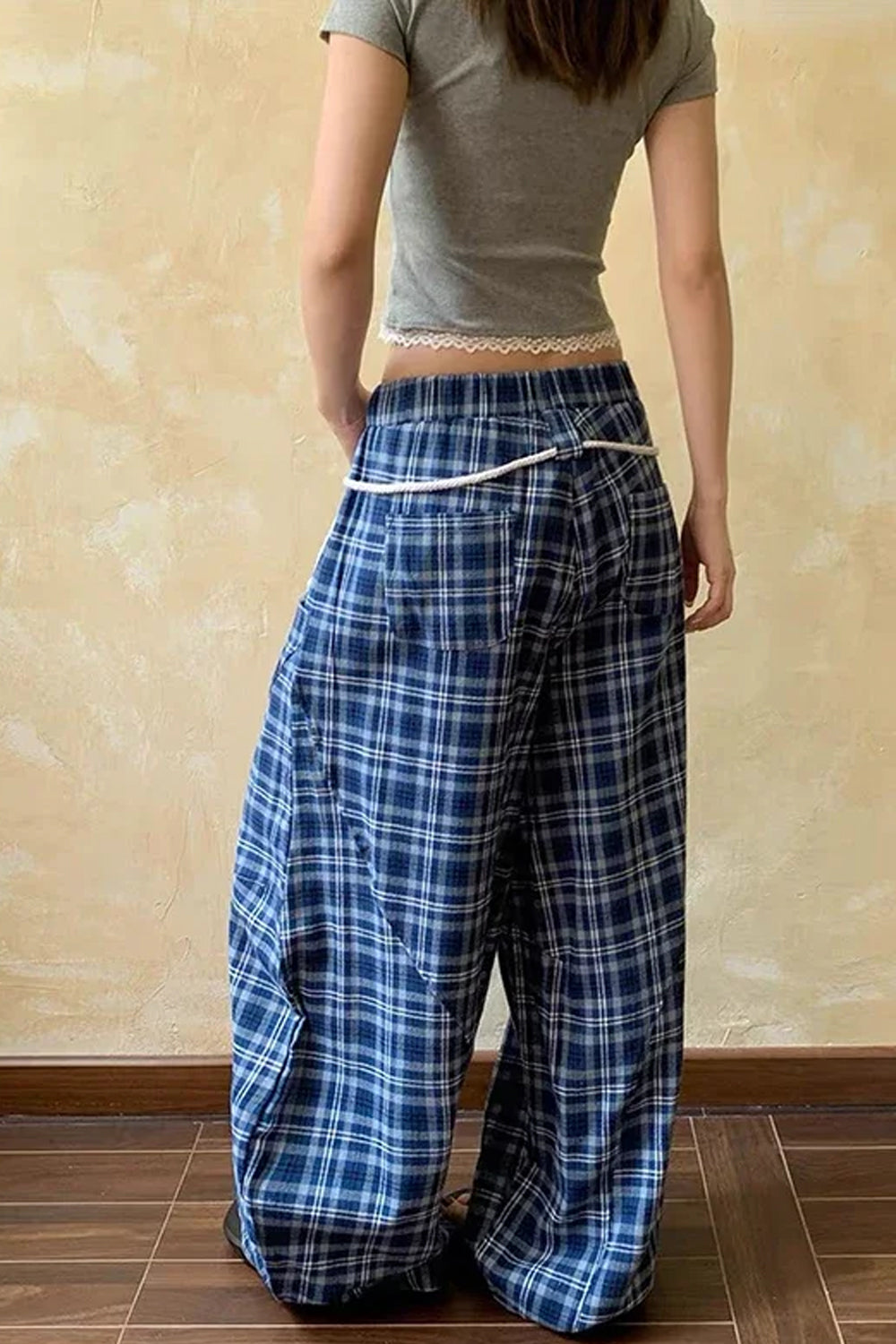 High Waist Blue Plaid Wide Leg Pants â€?Vintage Cozy Everyday Style