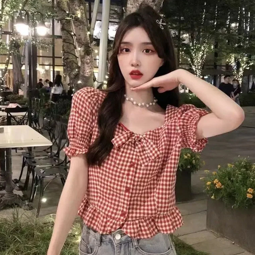 Short Sleeve Red Plaid Cute Bow Cropped Shirt