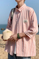 Half Sleeve Pink Striped Men Blouse Shirt