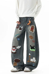 Loose Cartoon Embroidered Hip Hop Jeans Pants