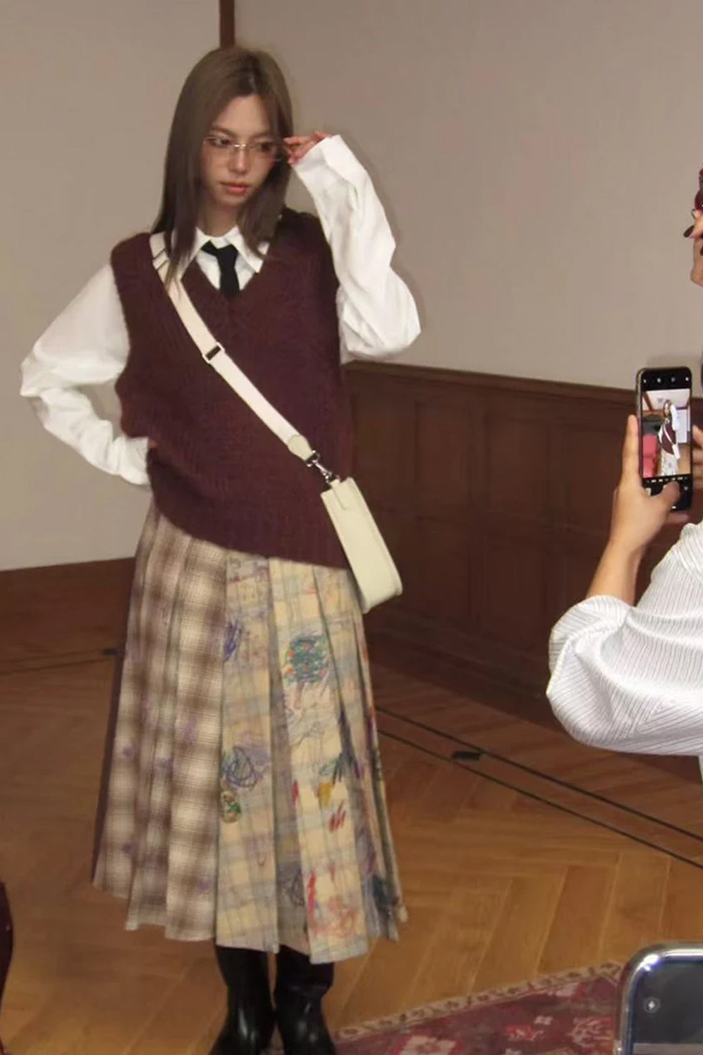 High Waist Two Style Plaid Graffiti A-Line Pleated Skirts