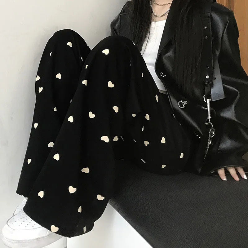 High Waist Heart Full Printed Wide Leg Loose Pants