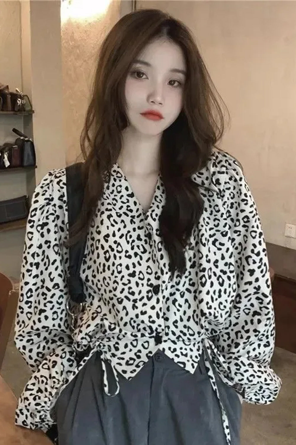 V-Neck Leopard Pattern Lace Up Slim Blouse Shirt