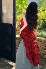 Vintage Red Floral Bodycon Summer Vacation Dress